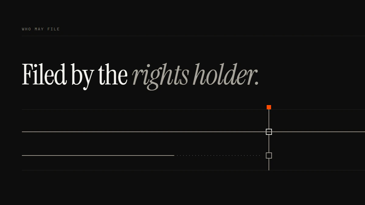 Banner reading Filed by the rights holder: the owner's notice passes the gate while a bystander's run turns dotted and stops.