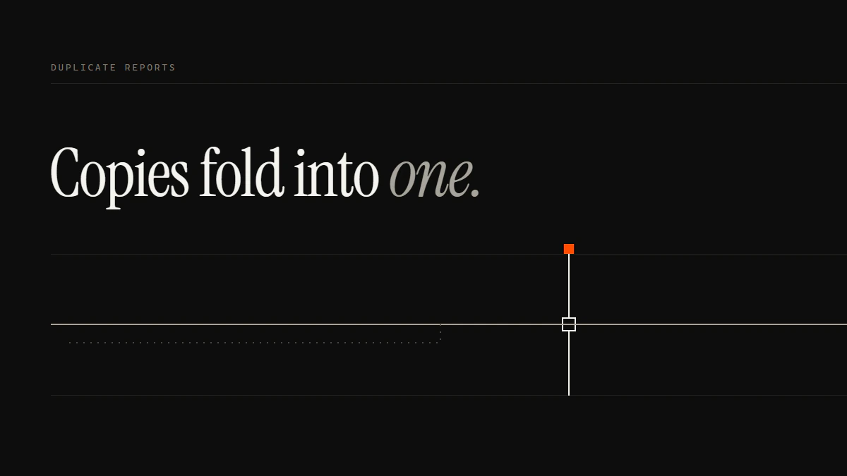Banner reading Copies fold into one: several report runs fold into a single run before the review gate