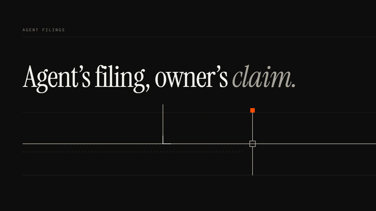 Banner reading Agent's filing, owner's claim: the agent run joins the owner run before the gate; a stray run stops short.