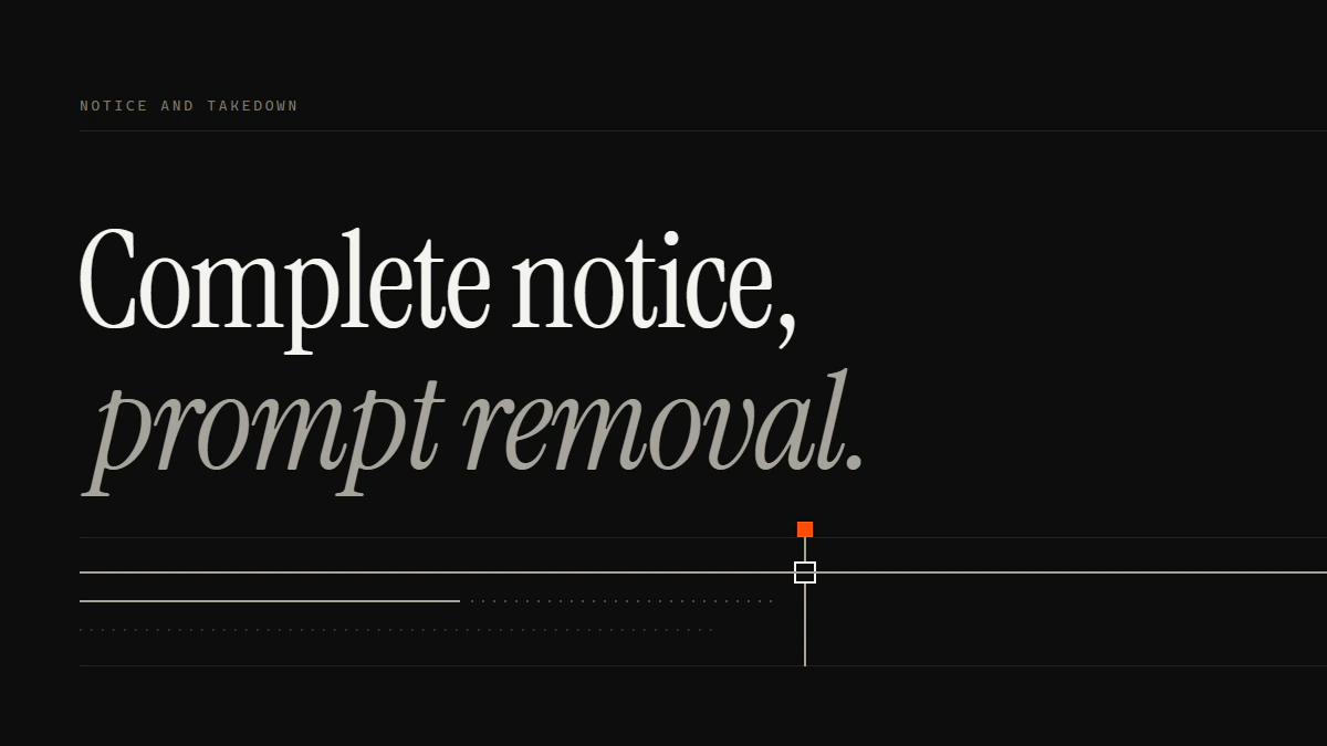 Banner reading Complete notice, prompt removal: a full DMCA takedown notice run passes the gate; partial notices stop short.