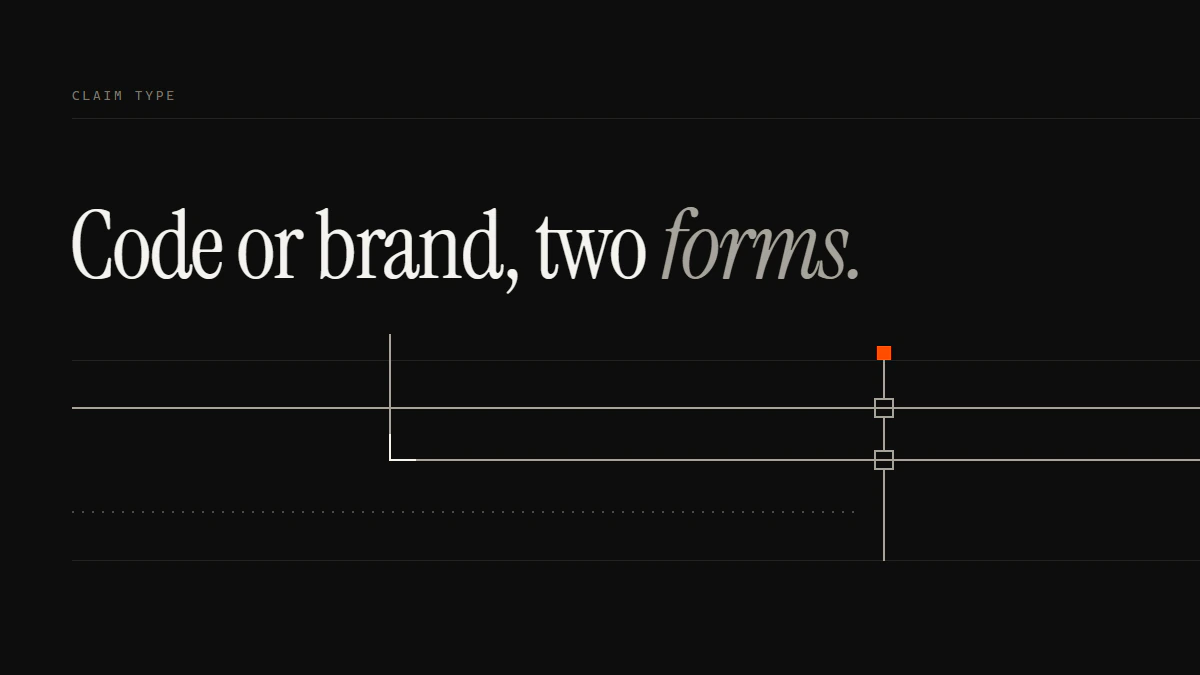 Banner reading Code or brand, two forms: two runs each seat their own aperture in the gate; a dotted third run stops short.