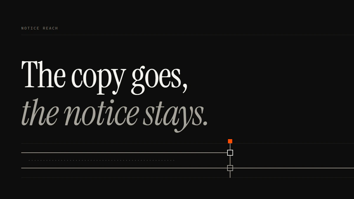 Banner reading The copy goes, the notice stays: a DMCA takedown website run stops at the gate as a second run crosses it