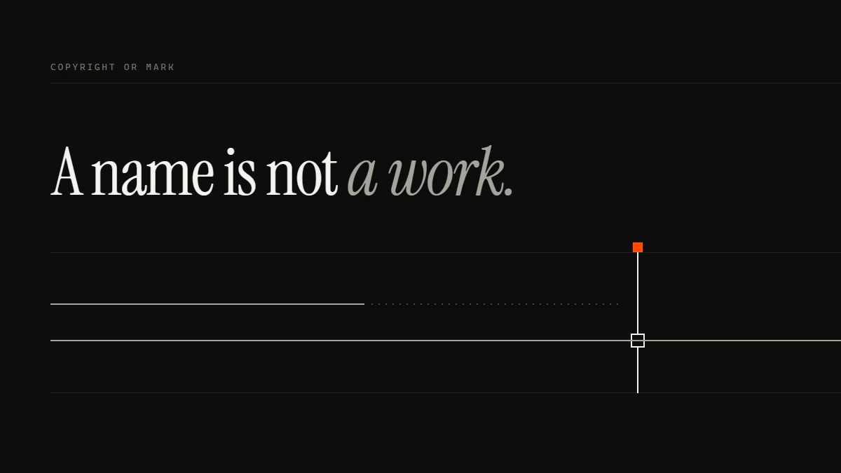 Banner reading A name is not a work: one run breaks into dots before the gate while a second run passes through it