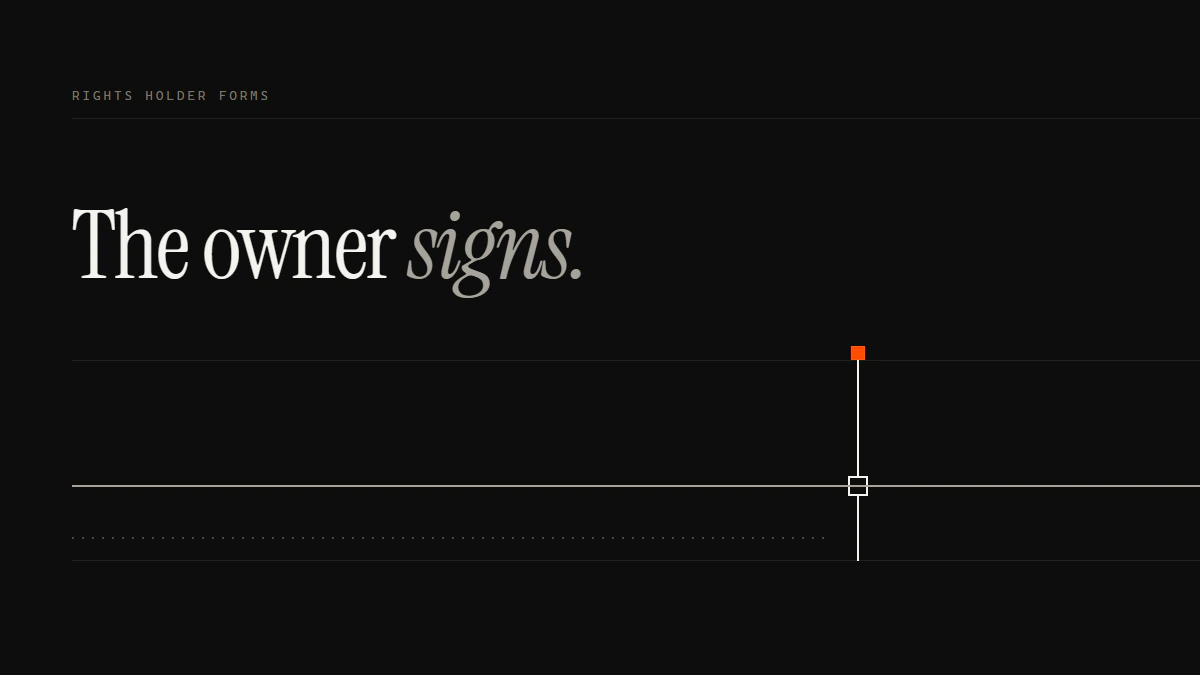 Banner reading The owner signs: a solid run seats in a gate aperture while a dotted run from the margin stops before it