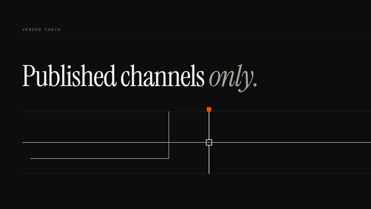 Banner reading Published channels only: one run passes the gate, a side run turns out of the band before reaching it