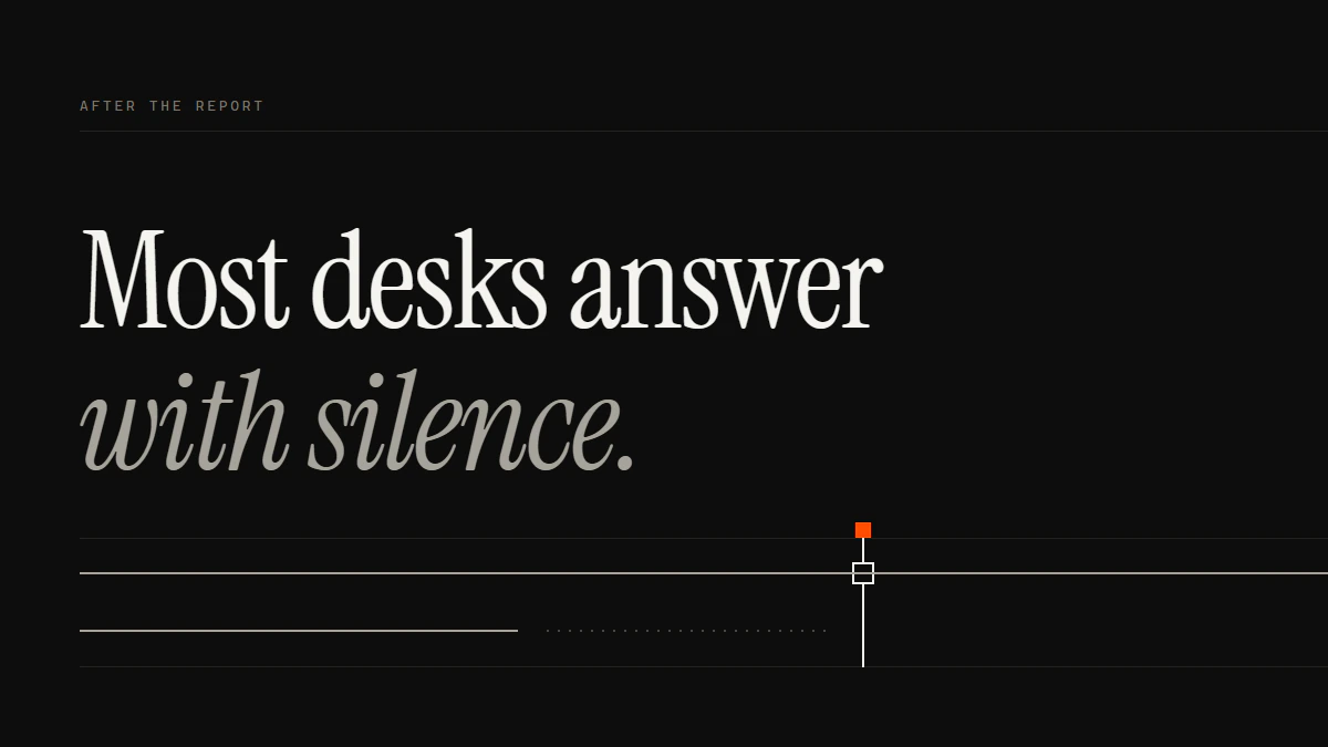 Banner reading Most desks answer with silence: one run passes a gate while a lower run breaks and fades to dots