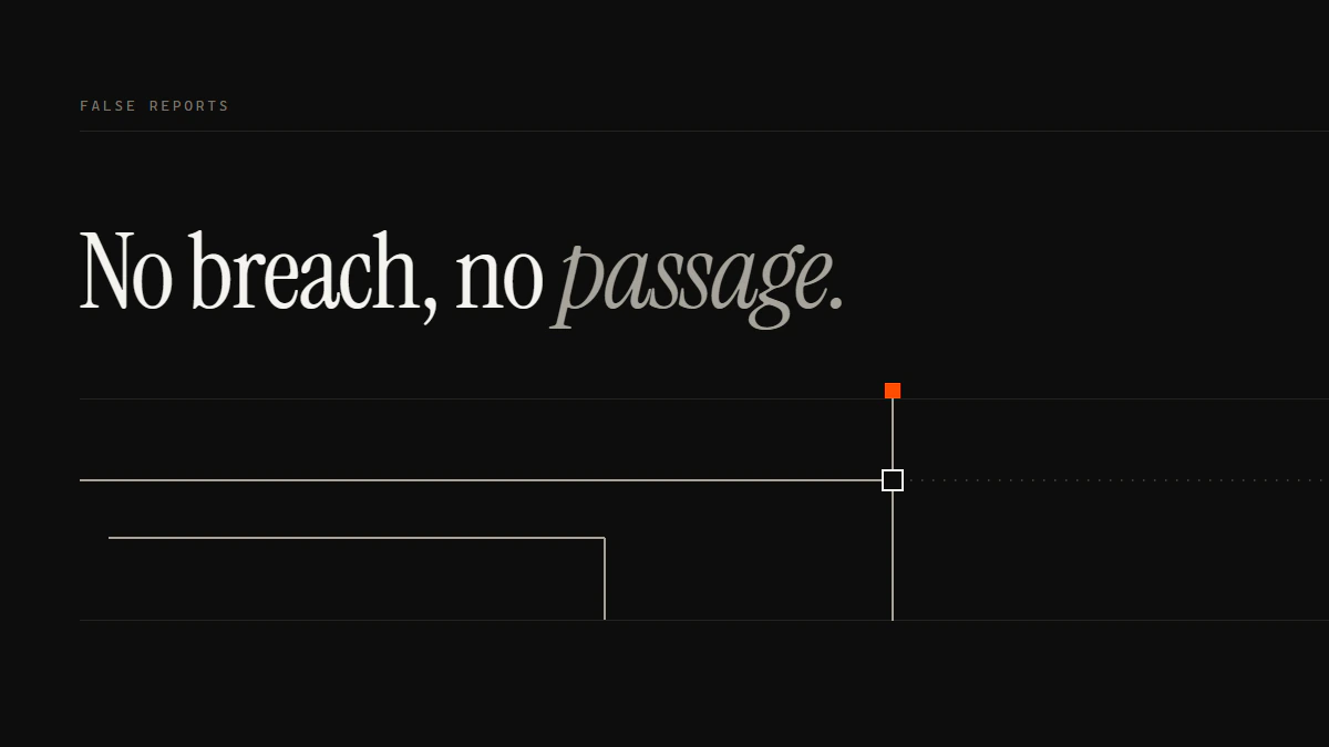 Banner reading No breach, no passage: a run halts at an empty aperture, the line past the gate is dotted, another turns away.
