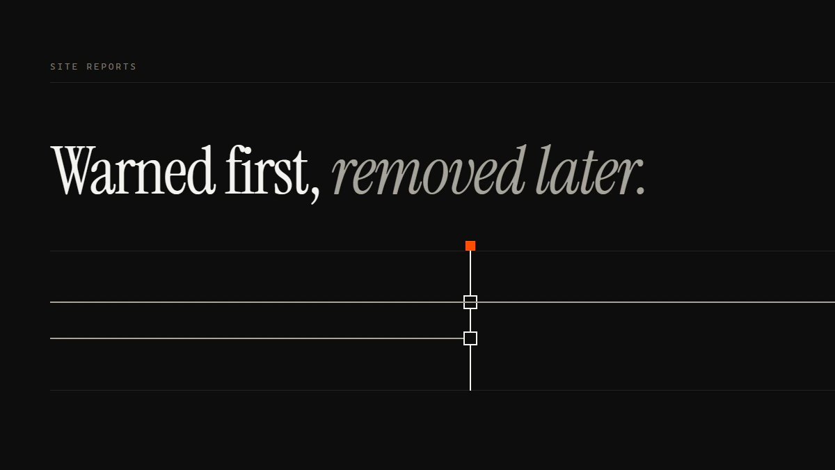 Banner reading Warned first, removed later: one run passes the gate intact while a second run stops at an open aperture