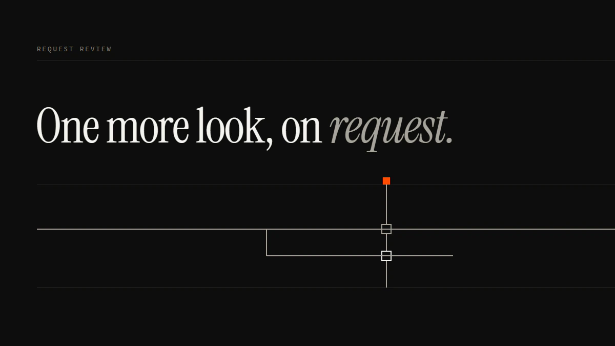 Banner reading One more look, on request: a run branches below and passes the review gate a second time