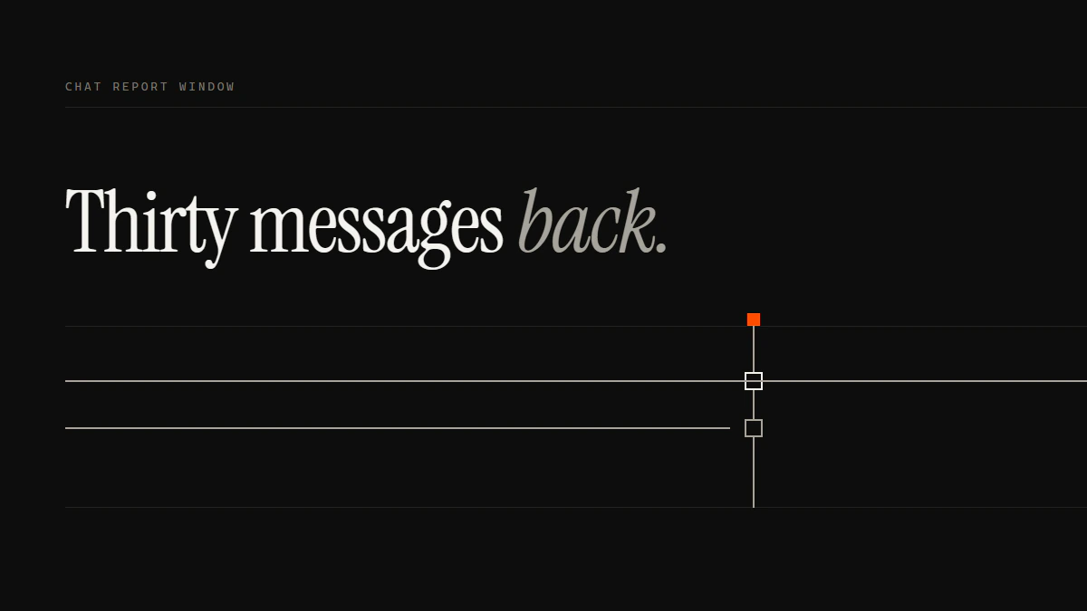 Banner reading Thirty messages back: one chat run passes the review gate, an older run stops short of it