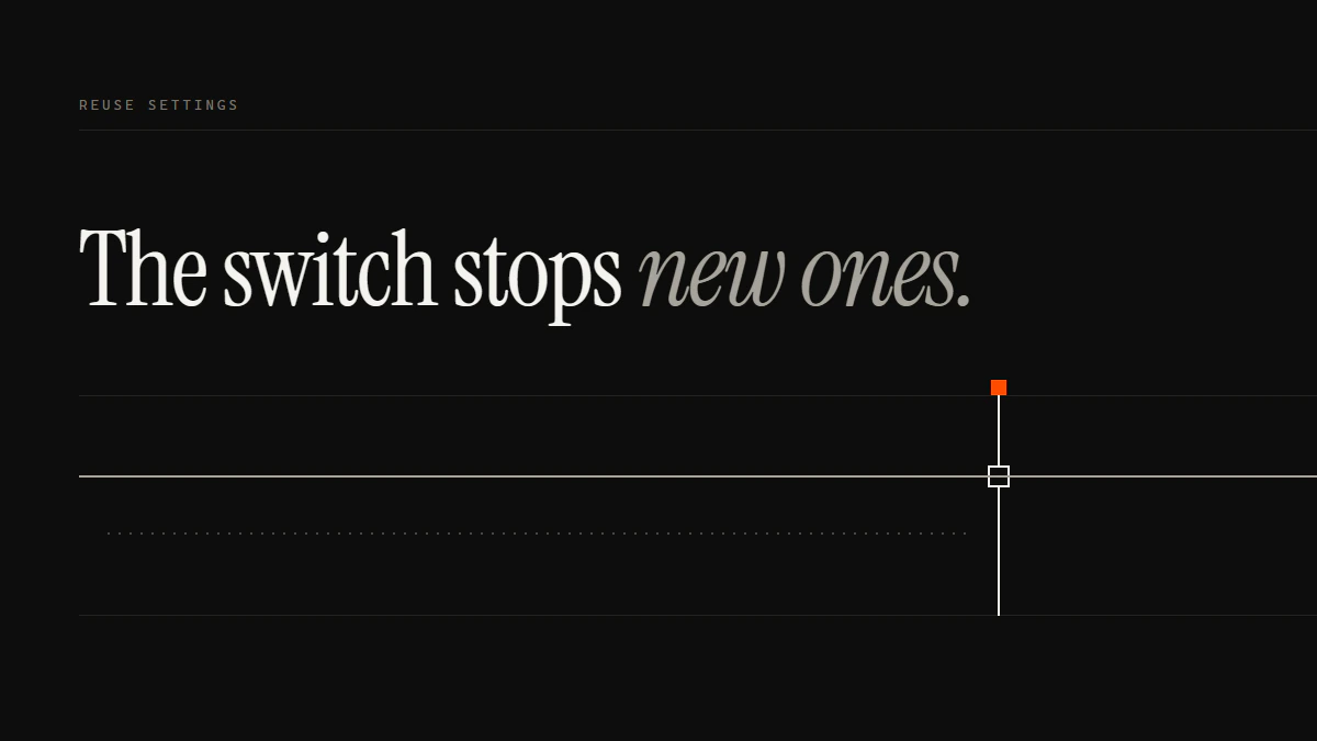 Banner reading The switch stops new ones: a solid run already past the gate continues while a dotted run halts before it