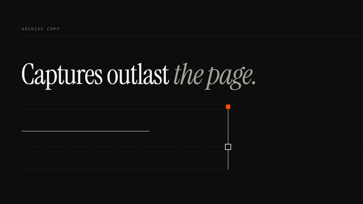 Banner reading Captures outlast the page: one run stops dead before the gate while a dotted run carries on past it