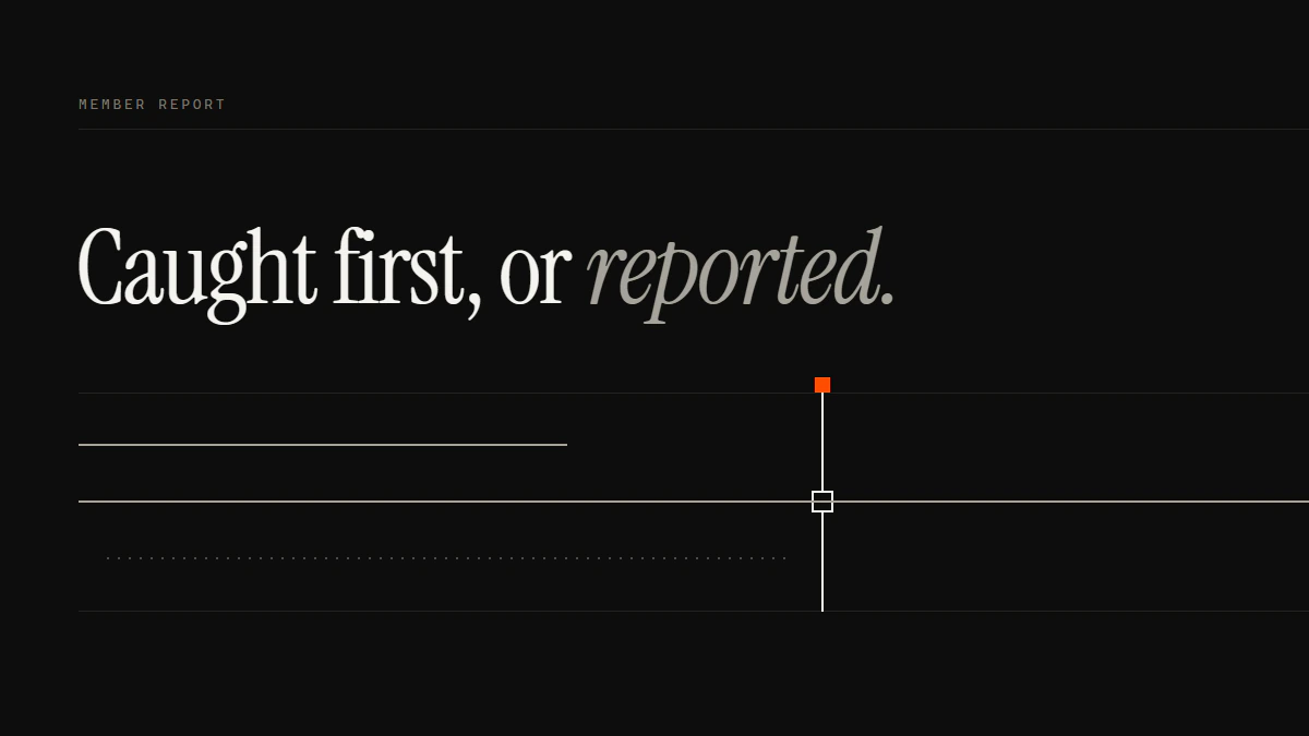 Banner reading Caught first, or reported: one run stops before the gate, one crosses it, a third stays dotted
