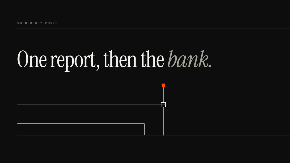One report, then the bank: the in-app run ends seated at the platform gate, as a second run turns down out of the band.