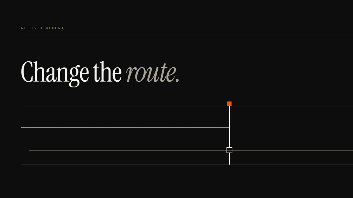 Banner reading Change the route: the upper run stops dead at the gate while a lower run passes its aperture
