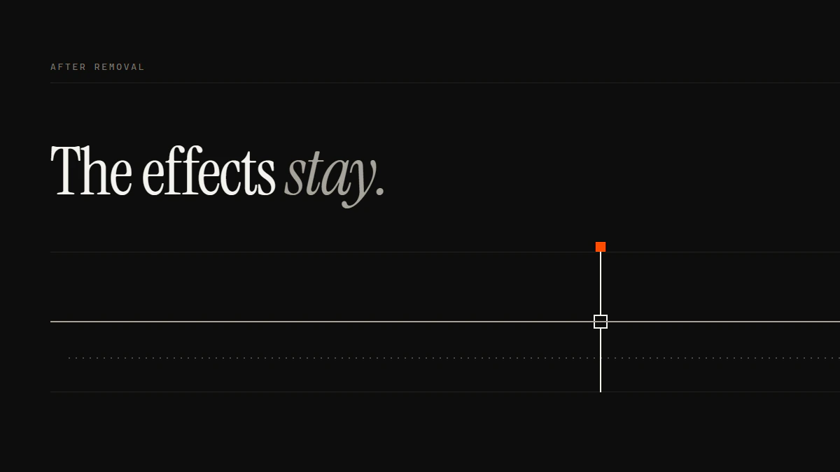 Banner reading The effects stay: a solid run passes the gate and a dotted run carries on past it to the edge