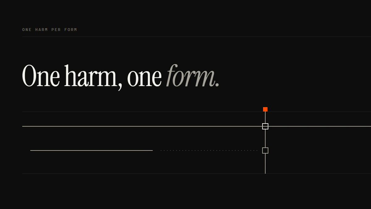 Banner reading One harm, one form: a matched run seats its aperture and passes, while a mixed run breaks and stops short