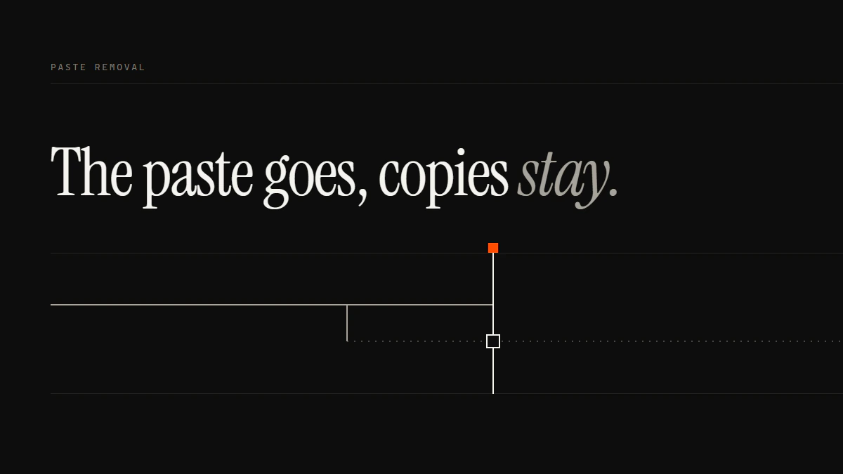 Banner reading The paste goes, copies stay: a run stops at a gate while a dotted run continues past it