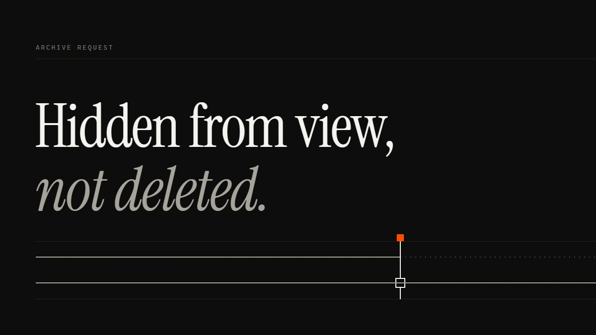 Internet Archive takedown request banner reading Hidden from view, not deleted: a solid run turns dotted at a gate