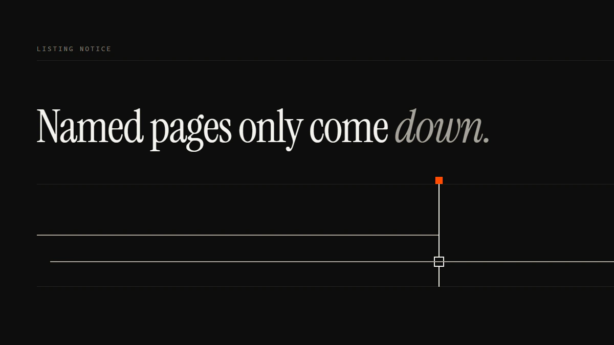 Banner reading Named pages only come down: one run stops at a gate while a run one cell lower passes it