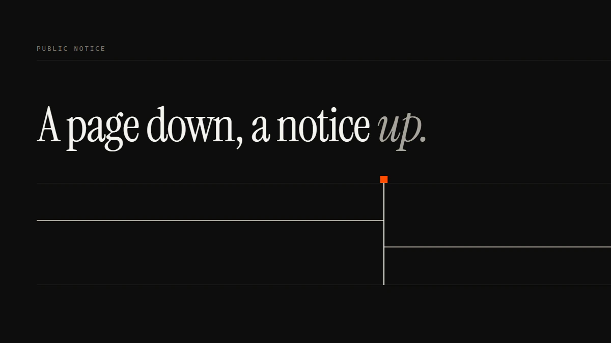 Banner reading A page down, a notice up: one run stops at a gate as a second run starts there
