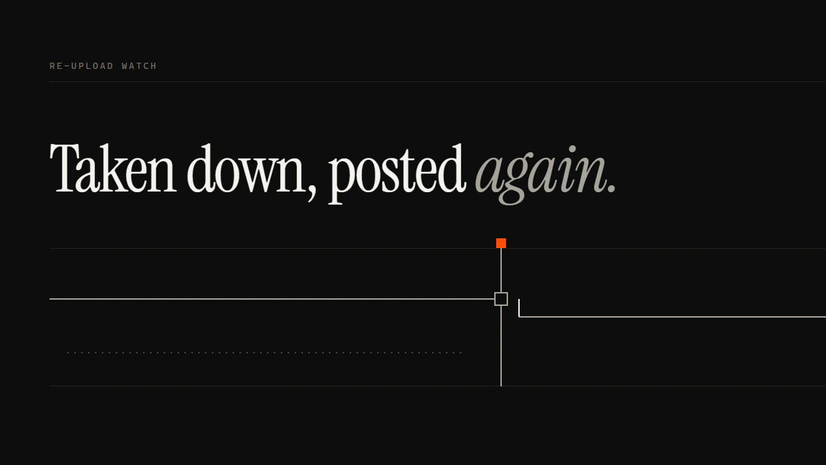 Banner reading Taken down, posted again: a run stops at the gate, then reappears one step lower on the far side.