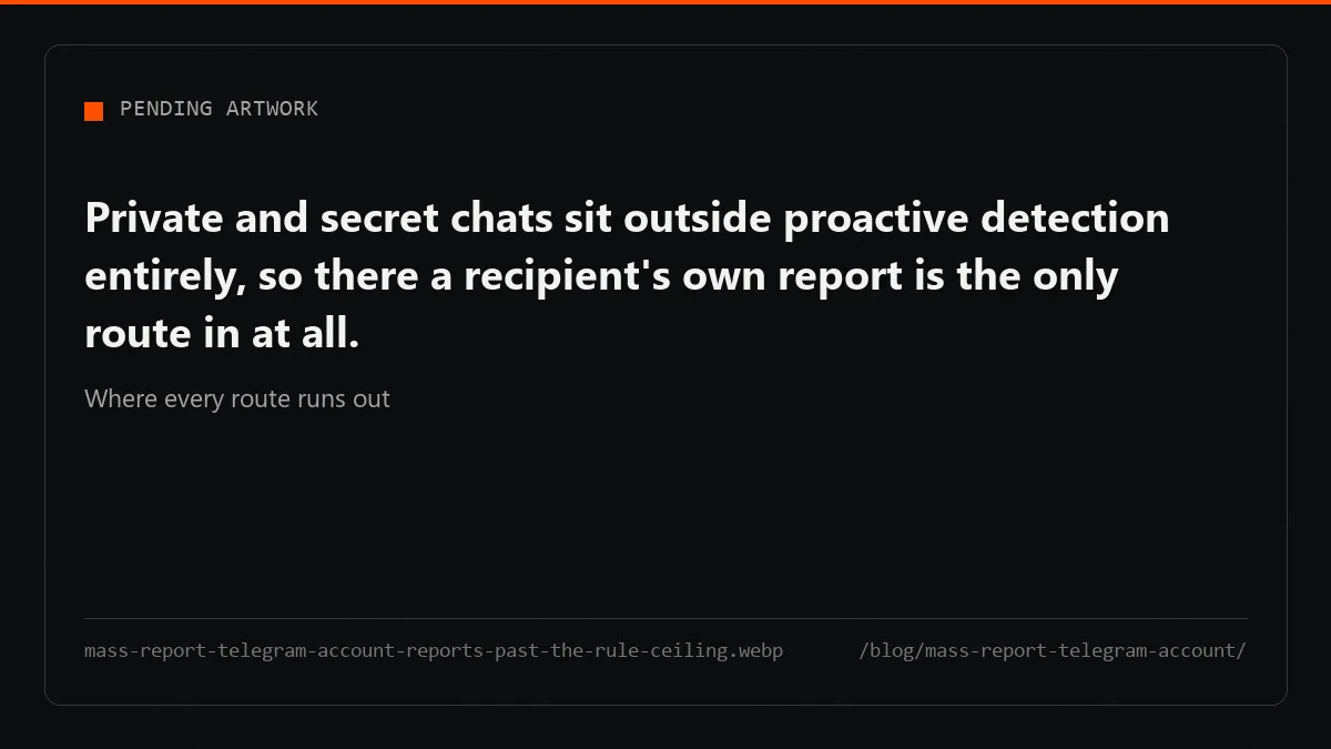 Telegram removes nothing that breaks no published rule, however many reports arrive, and private chats stay invisible.