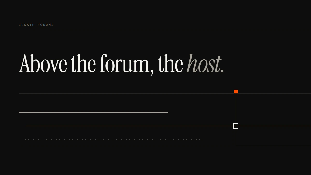Banner reading Above the forum, the host: a short run stops early while a lower run passes a seated gate