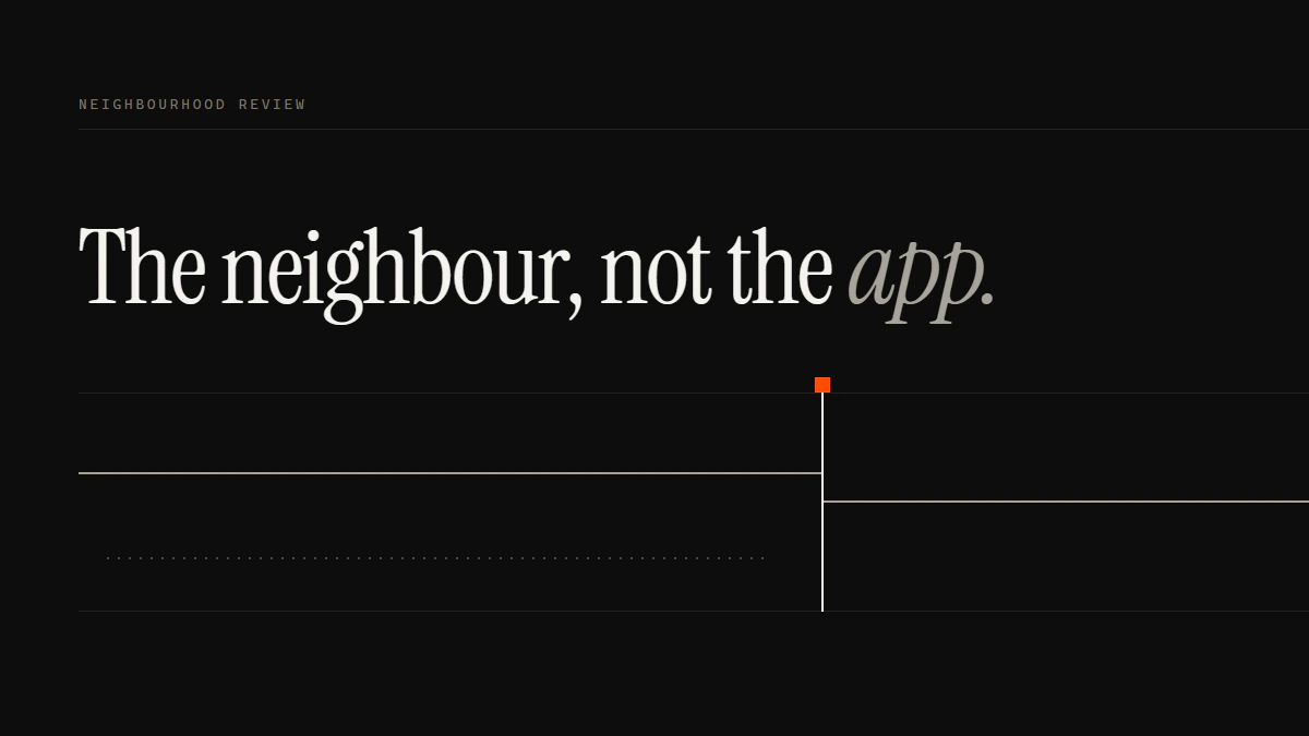 Banner reading The neighbour, not the app: a run turns at a gate and continues past it to the right edge