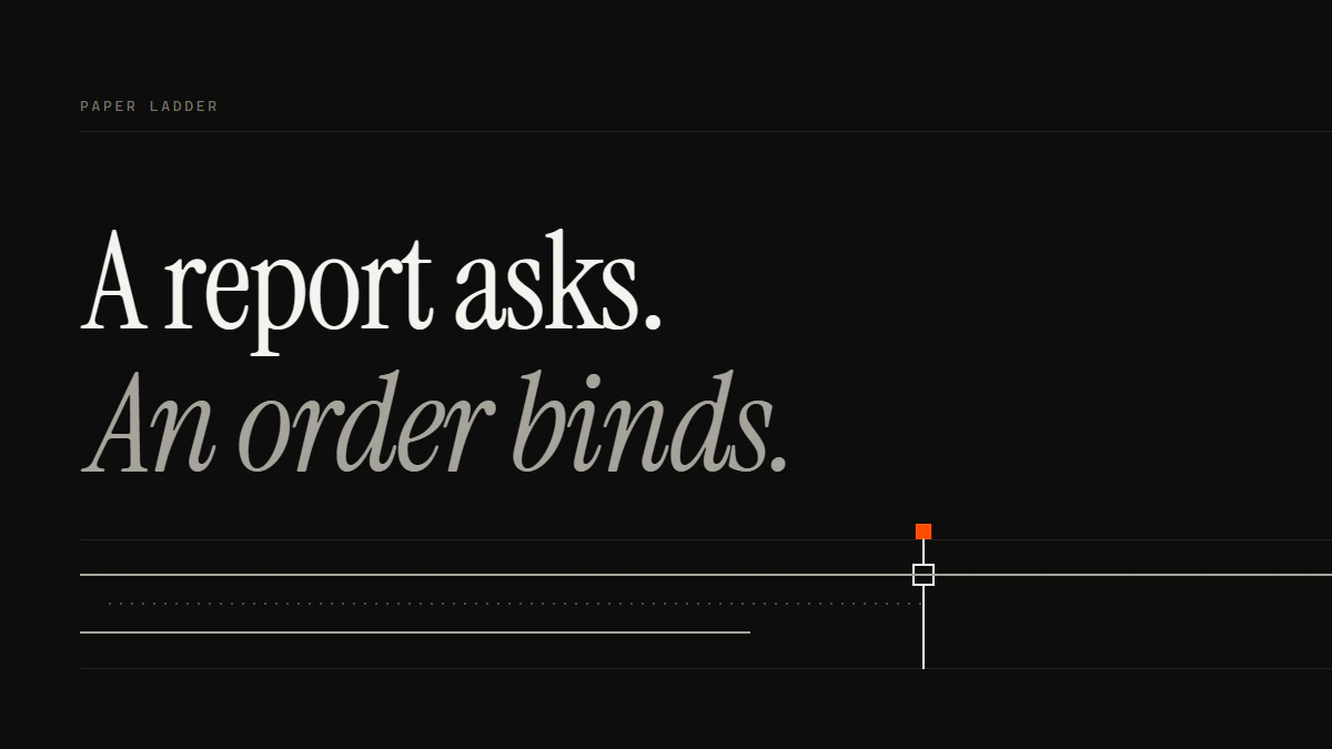 Banner reading A report asks, an order binds: the paper ladder behind Medium defamation removal