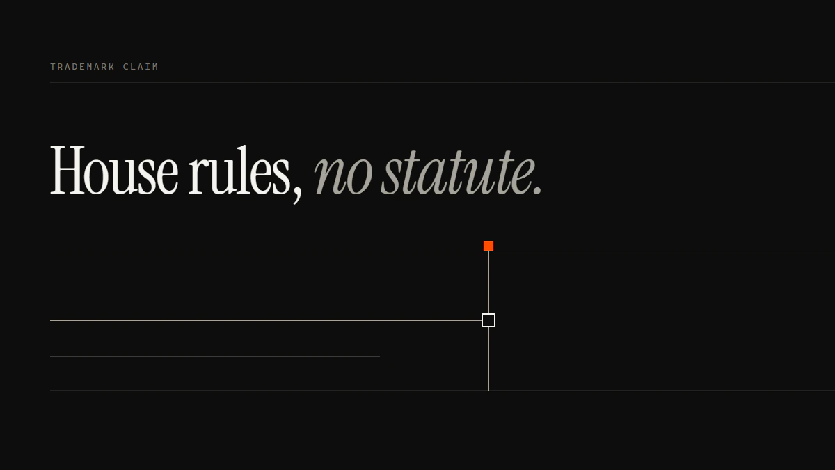 Banner reading House rules, no statute: one run stops at an open gate aperture while a thinner run ends early
