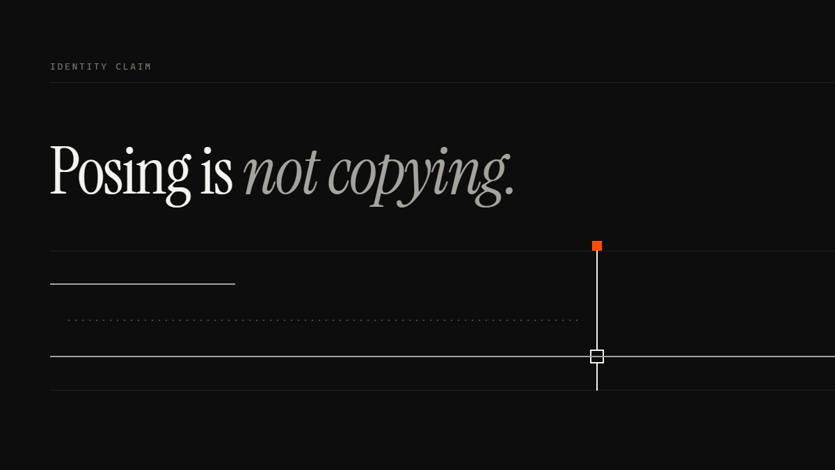 Banner reading Posing is not copying: one run passes the gate, one stops early and a dotted run ends short of the gate