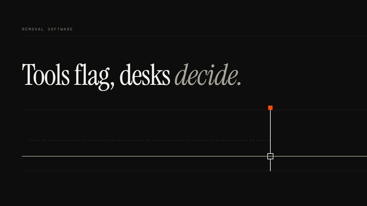 Banner reading Tools flag, desks decide: a dotted run reaches the gate and a solid run alone crosses it