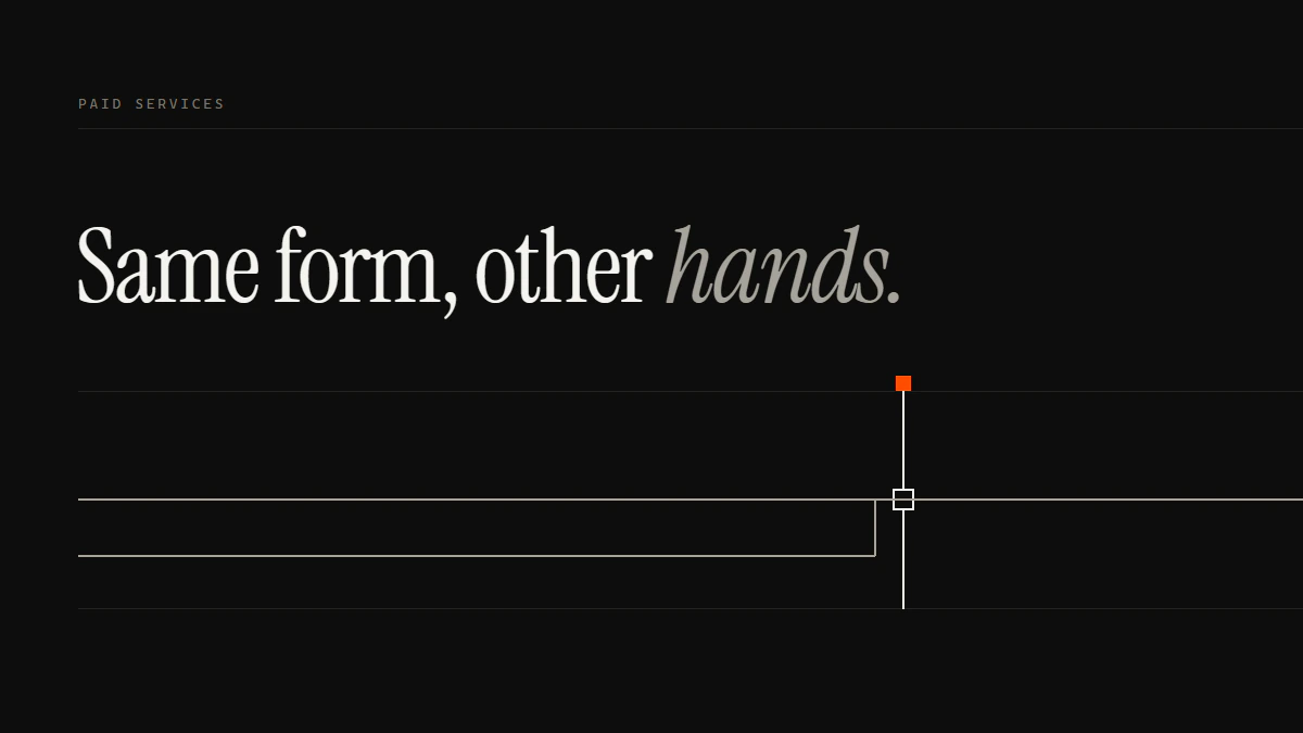 Banner reading Same form, other hands: two solid runs join before one seated gate and leave as a single run