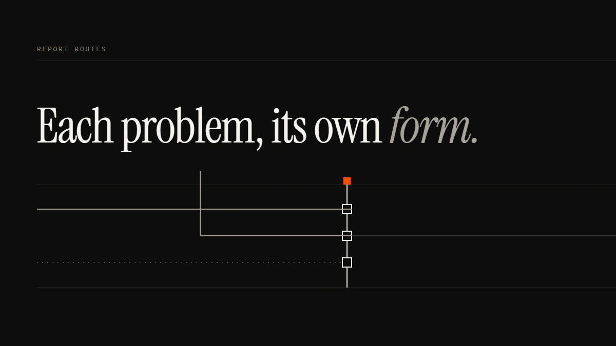 Each problem, its own form: three runs meet the gate at three apertures, and one turns into the band from above.