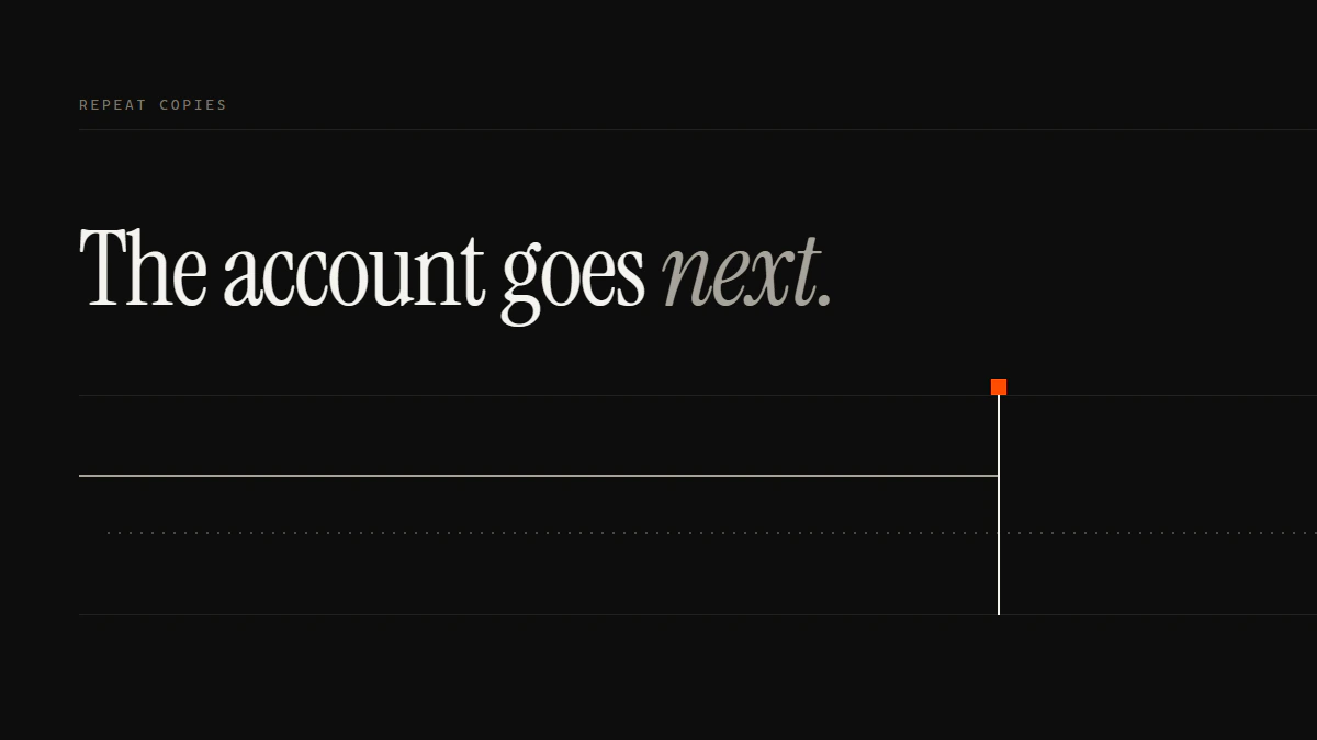 Banner reading The account goes next: a run turns down at the gate while a dotted run crosses below