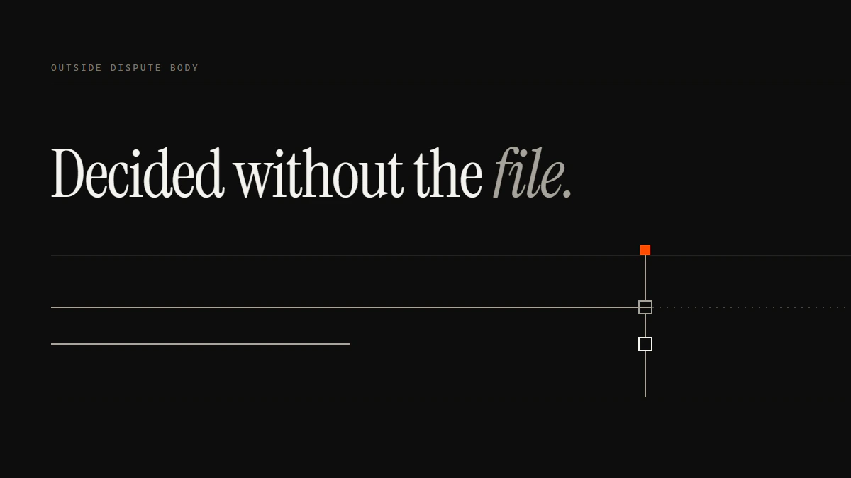 Decided without the file: the dispute run reaches the gate and goes on dotted; the content run breaks off, never sent.
