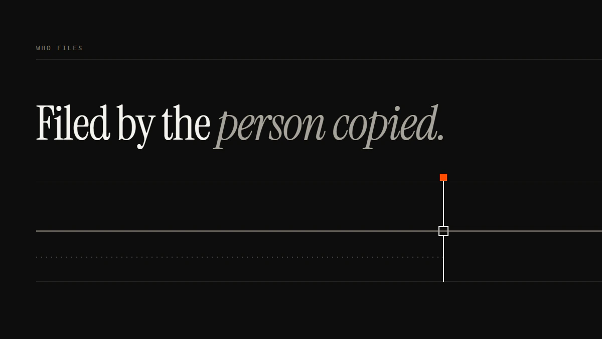 Banner reading Filed by the person copied: one run seated in the gate aperture, a parallel copy run dotted beneath it