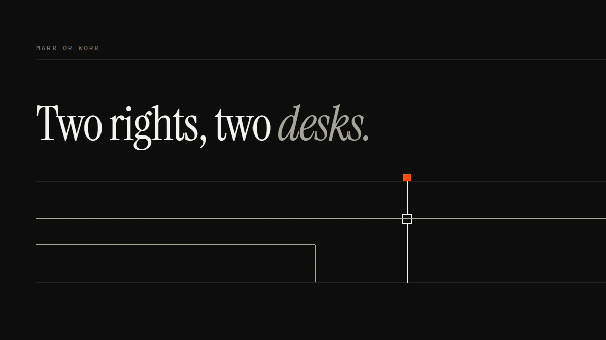 Banner reading Two rights, two desks: one run passes the gate while the other turns at a right angle and leaves the band
