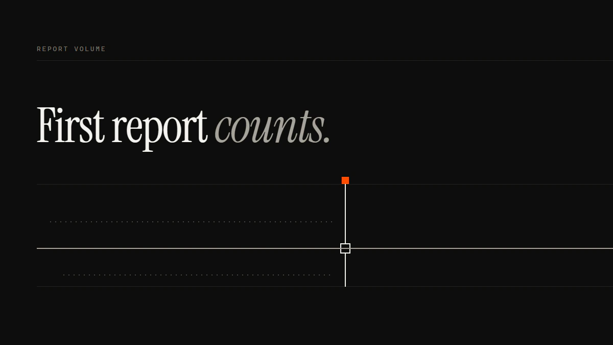 Banner reading First report counts: one solid run passes the gate while two dotted runs stop against it