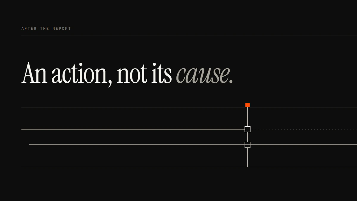An action, not its cause: one run halts at an open aperture, another passes the gate, and the first line goes on dotted.