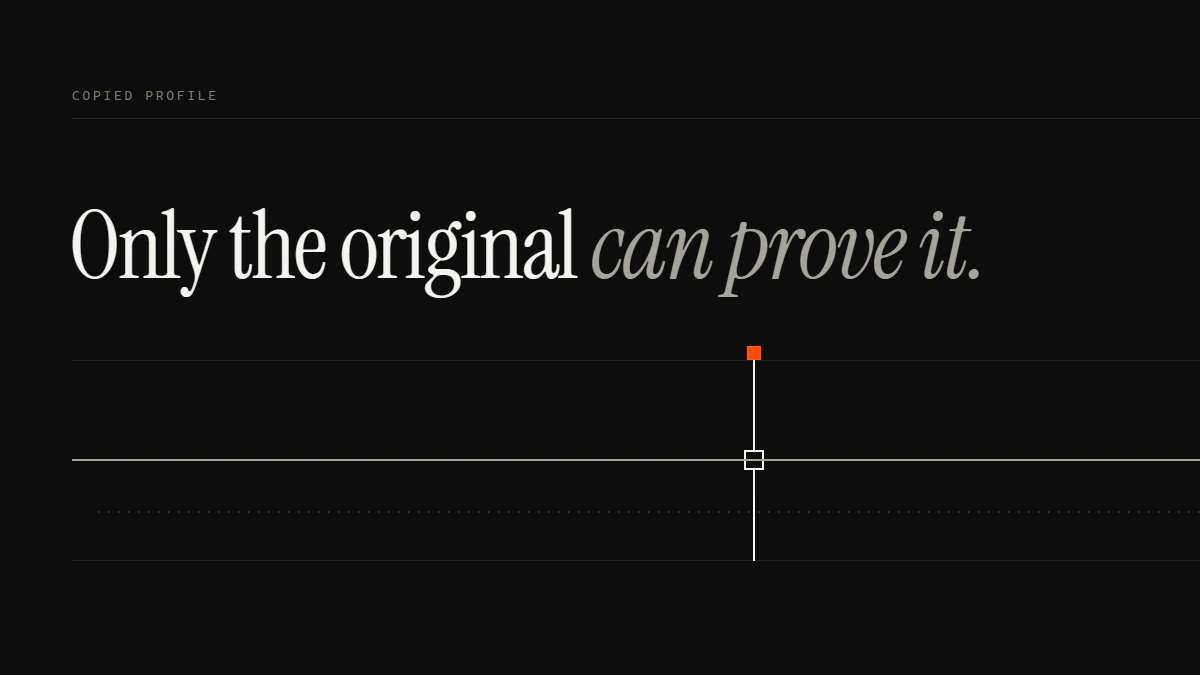 Banner reading Only the original can prove it: one run enters a seated gate aperture, an offset run stays dotted