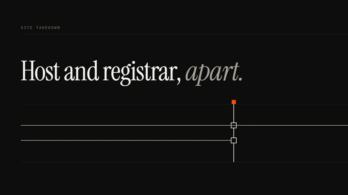 Banner reading Host and registrar, apart: one run crosses a gate and one stops at an open aperture in it