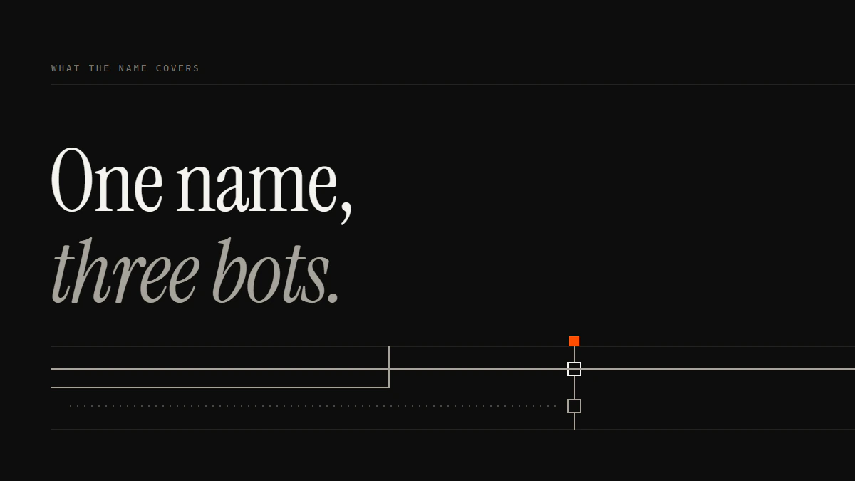 Banner reading One name, three bots: three Telegram report bot routes, one passes the gate, one turns off, one stays dotted