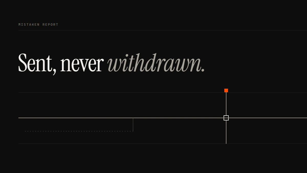 Banner reading Sent, never withdrawn: the report's run crosses the gate while a dotted return path turns back to nowhere