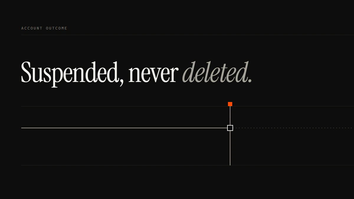 Banner reading Suspended, never deleted, on how to take down Twitter account profiles: a run stops at the gate