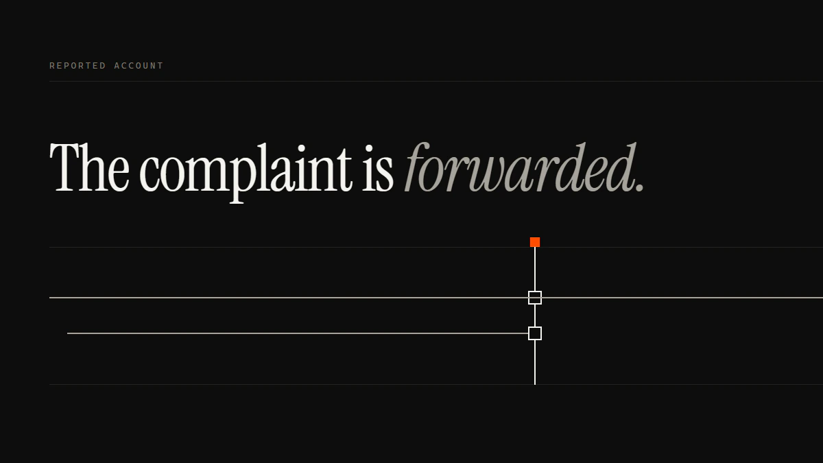 Banner reading The complaint is forwarded: one run passes the gate intact while an offset run stops at an open aperture