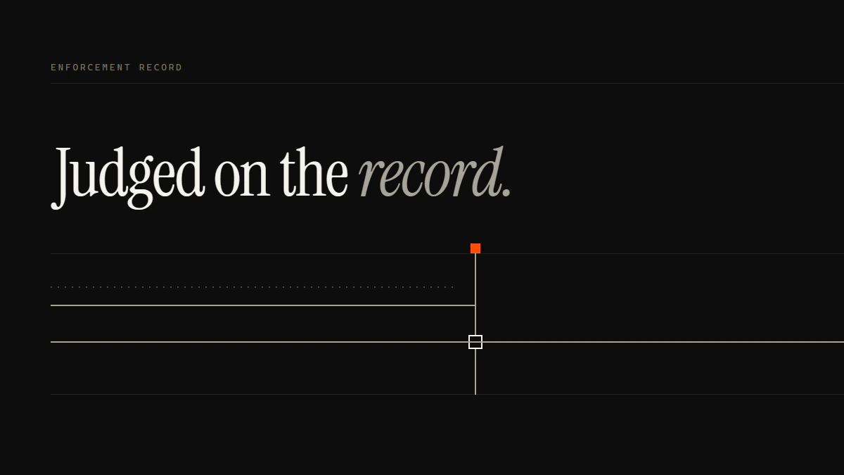Banner reading Judged on the record: a dotted run and a solid run stop at the gate while one run out of line passes.