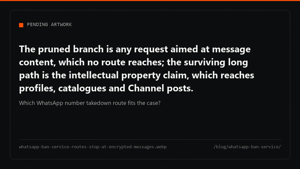 Five takedown routes split by evidence, and the one aimed at message content dead-ends: WhatsApp holds no copy