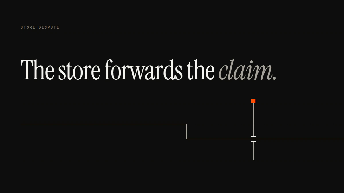 Banner reading The store forwards the claim: a run turns down one cell and passes the gate on a second line